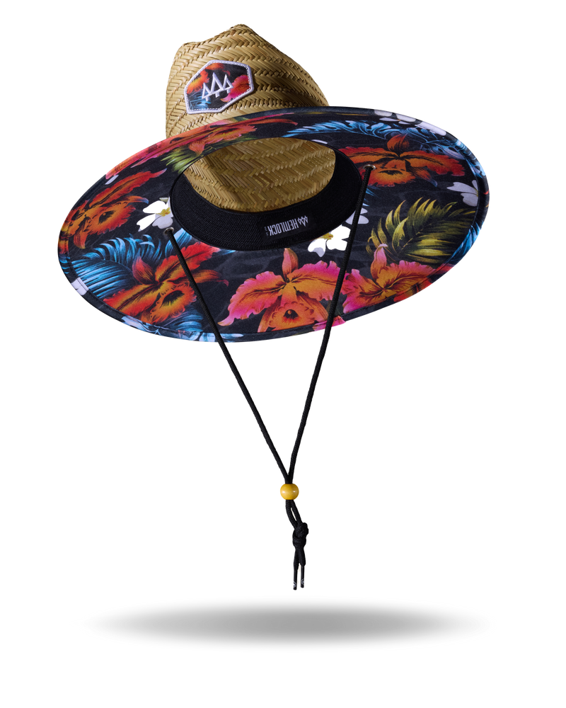 Hemlock Kailua straw lifeguard hat with hawaiian floral pattern