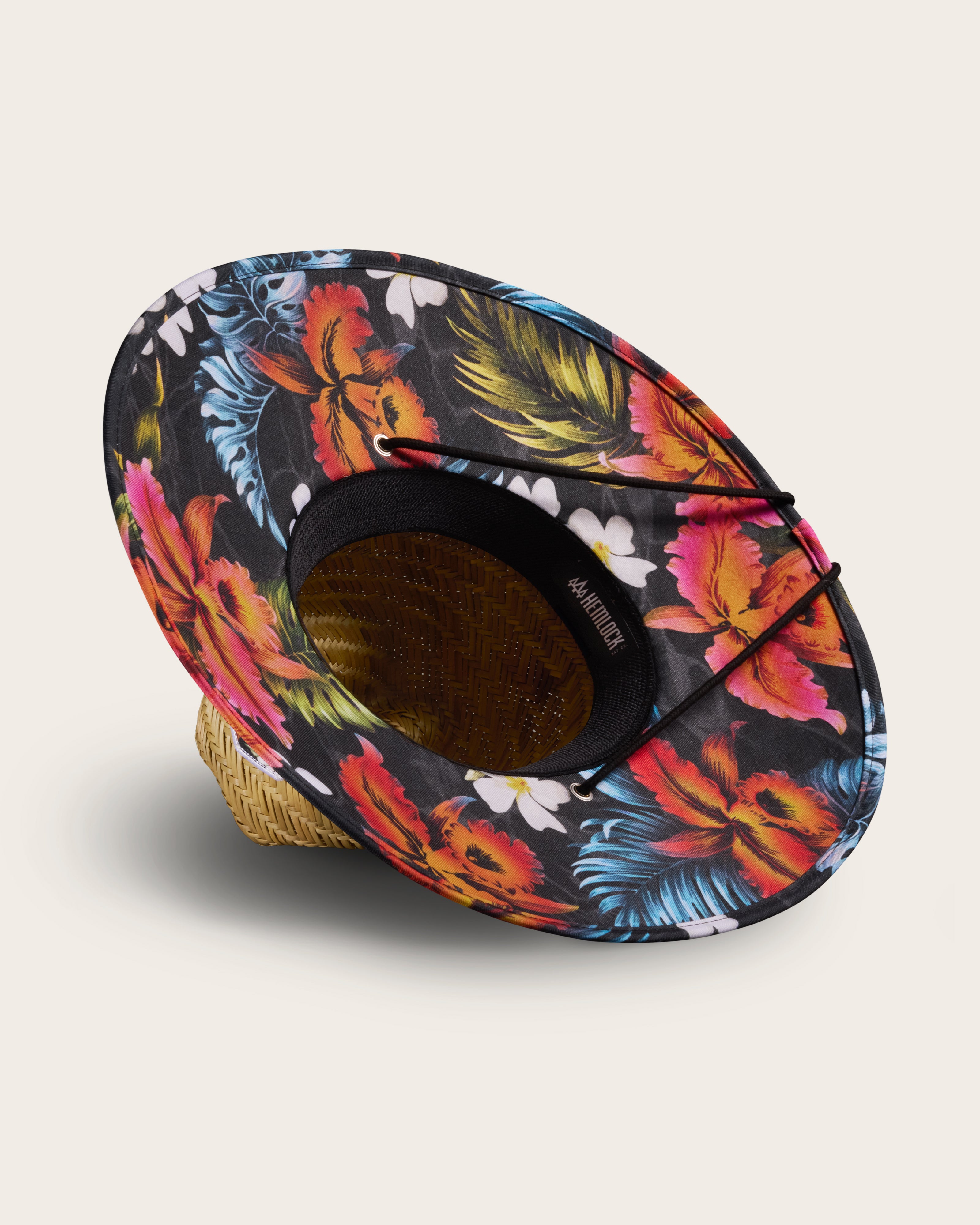 Hemlock Kailua straw lifeguard hat with hawaiian floral pattern detailed view