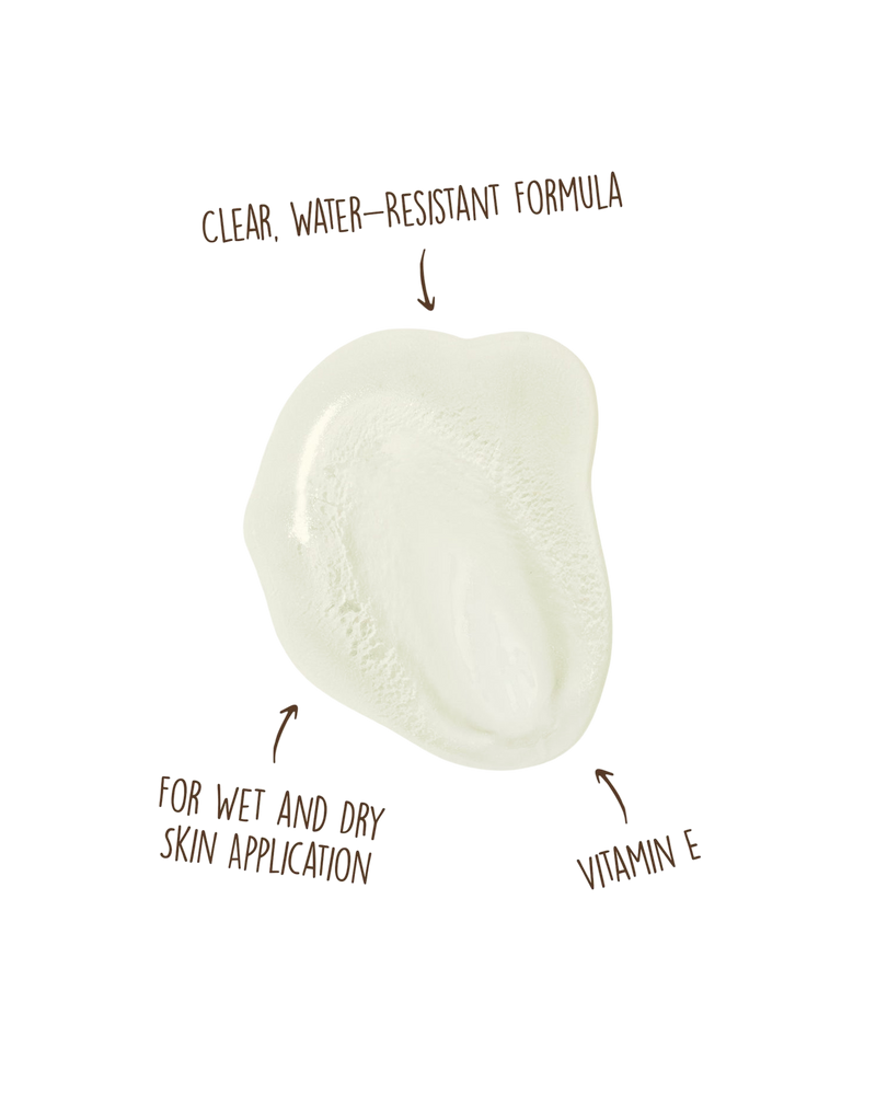 Sun Bum Kids SPF 50 Clear Sunscreen Lotion swatch saying clear, water resistant formula, for wet and dry application, and Vitamin E.