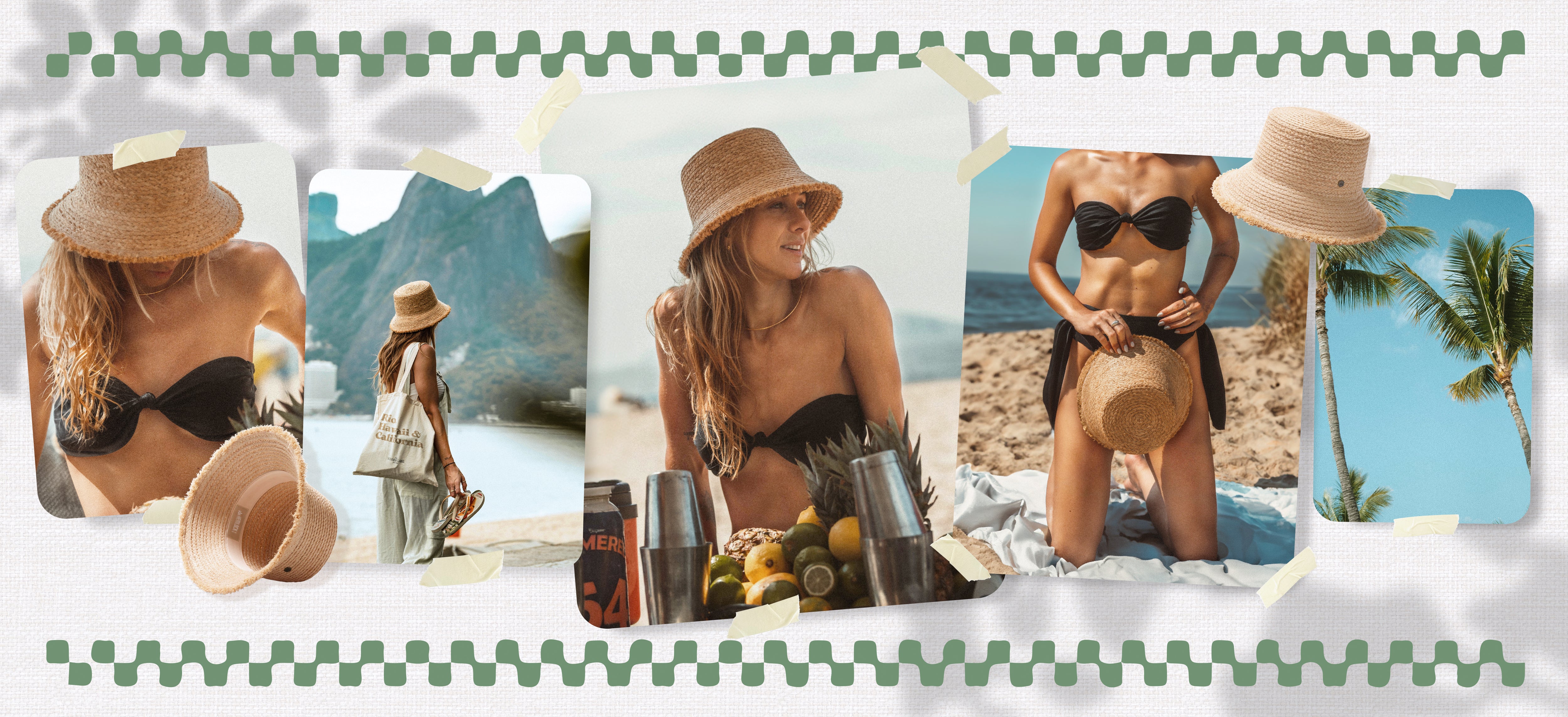 Collage of female model wearing Lenny Straw Bucket Hat in Natural