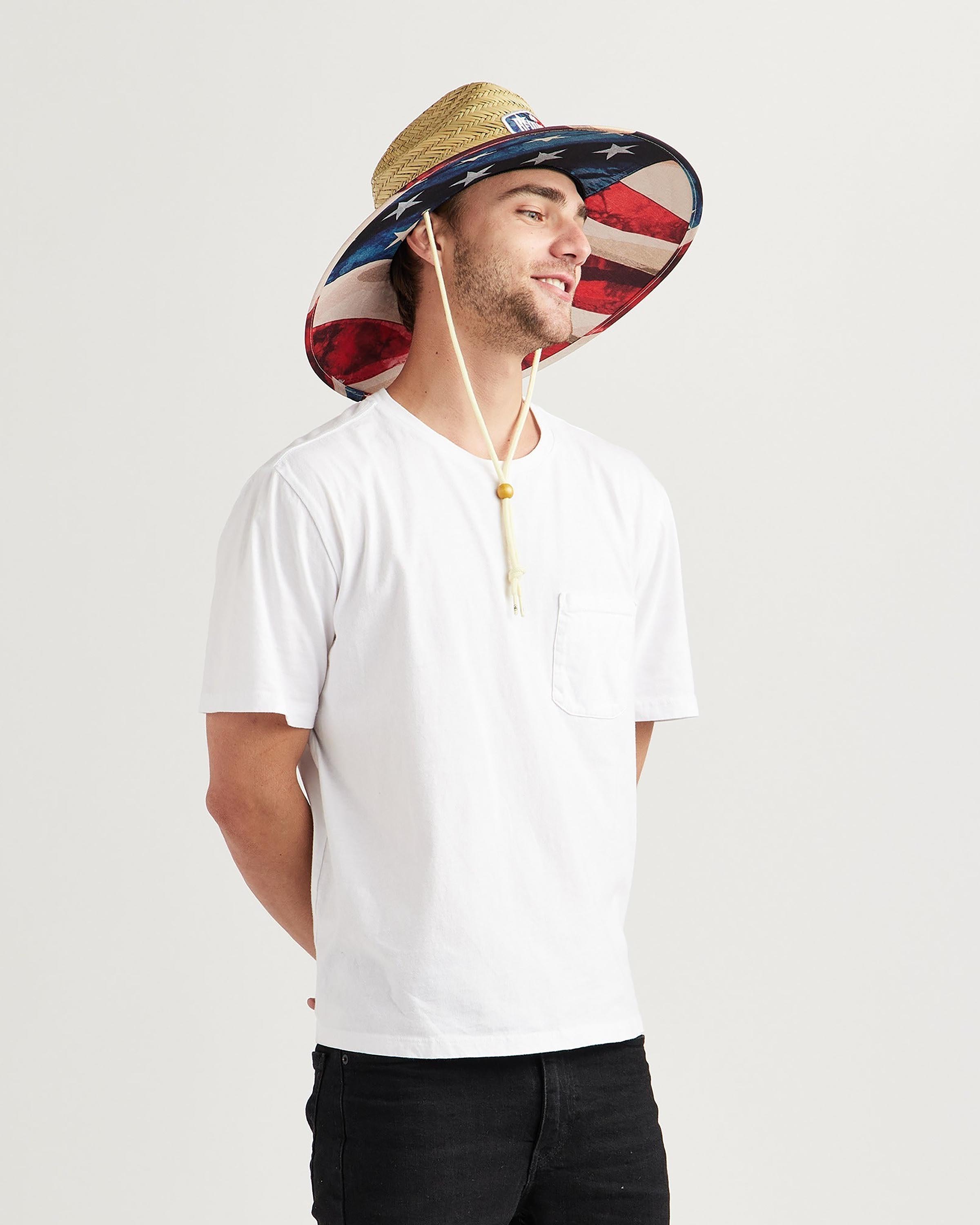 Hemlock male model looking right wearing Liberty straw lifeguard hat with USA flag pattern