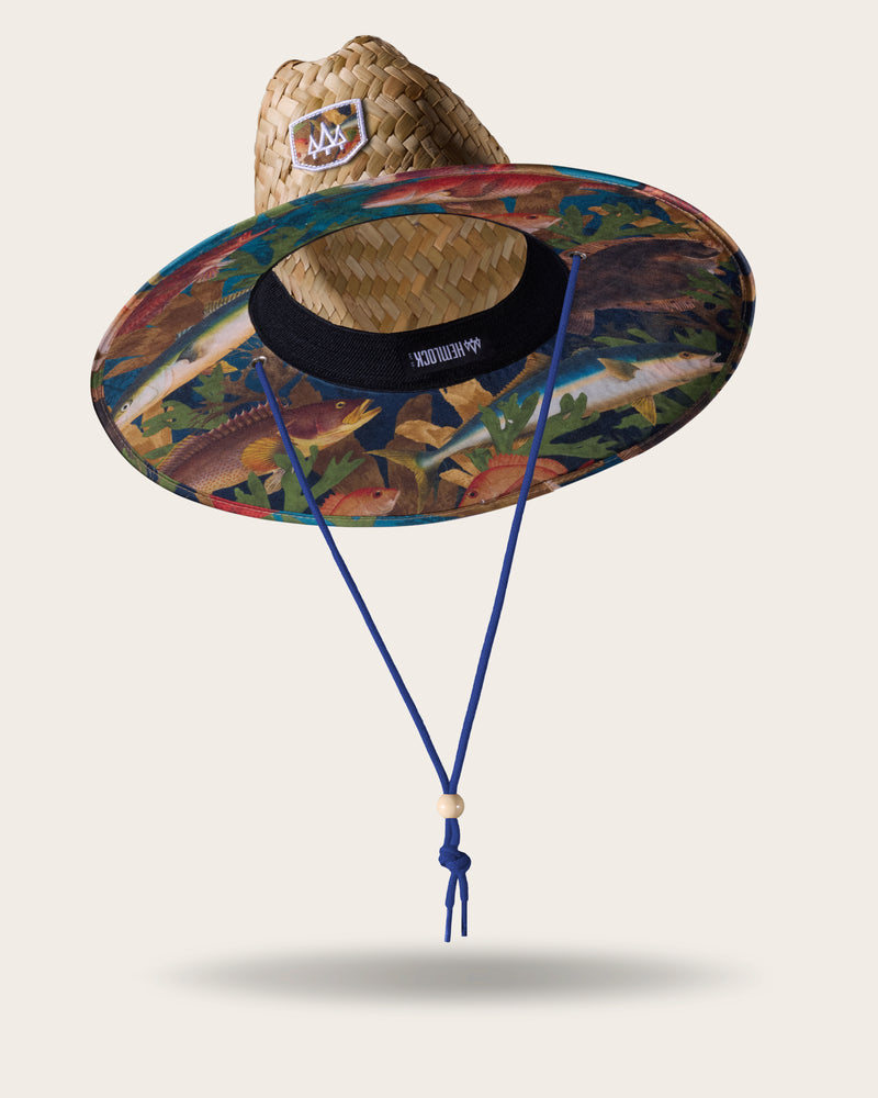Hemlock Mariner straw lifeguard hat with saltwater fish pattern