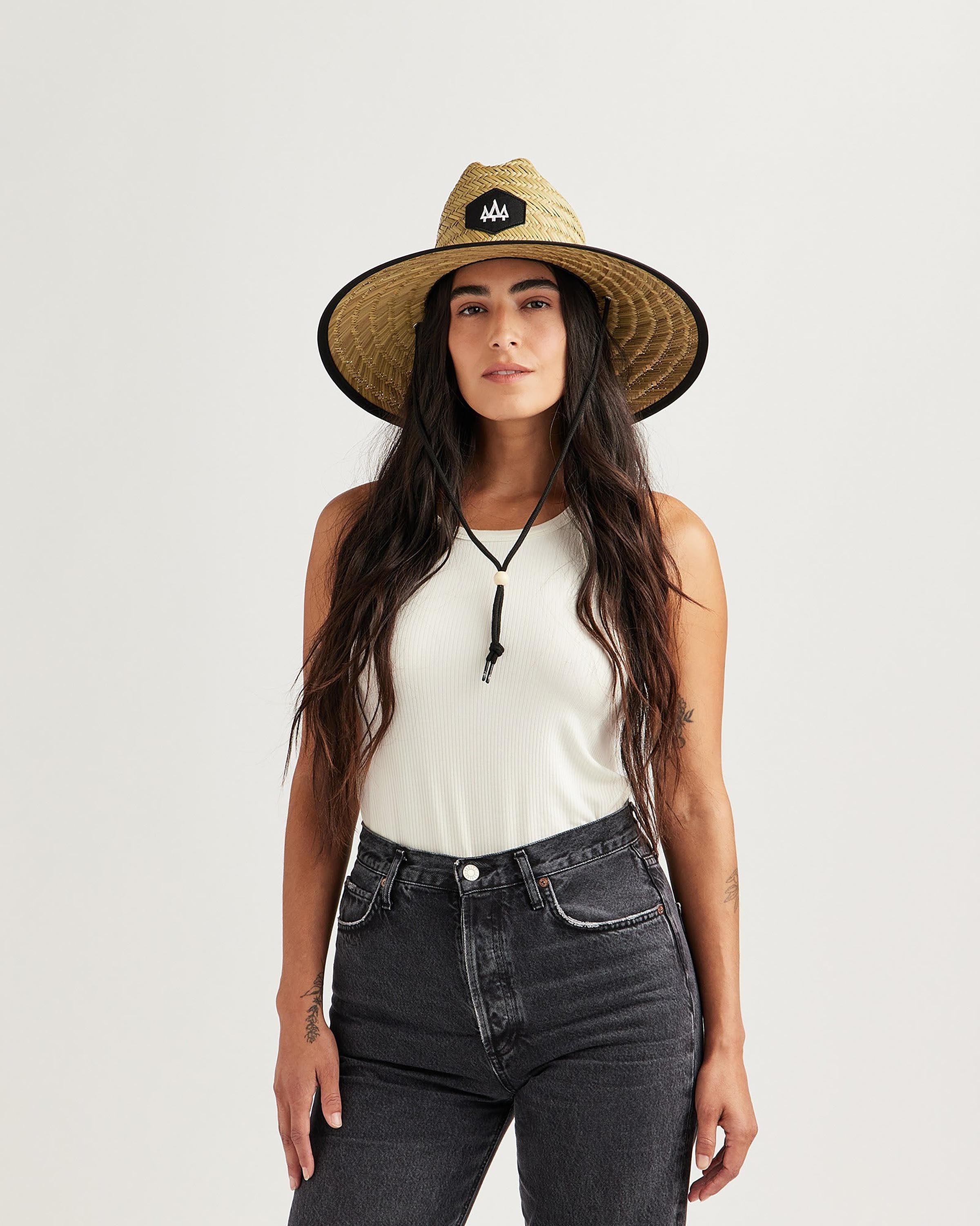 Hemlock female model looking straight wearing Midnight straw lifeguard hat with black color