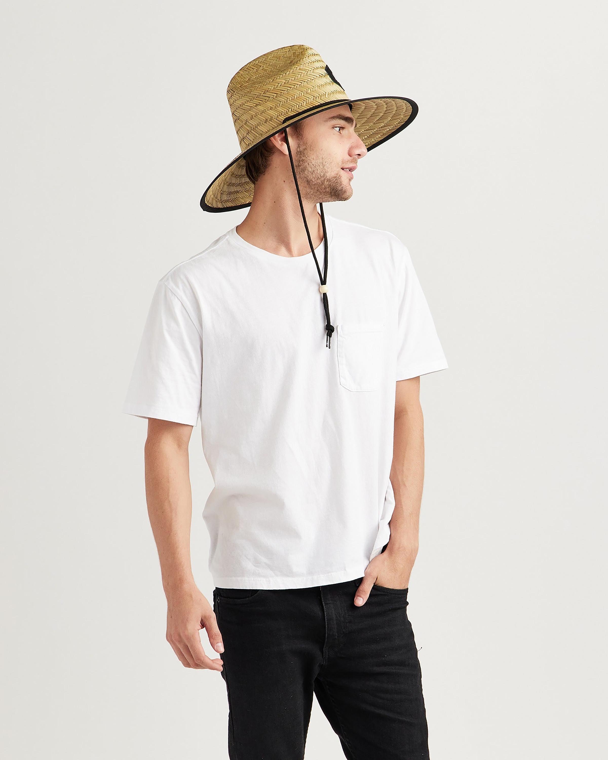 Hemlock male model looking right wearing Midnight straw lifeguard hat with black color