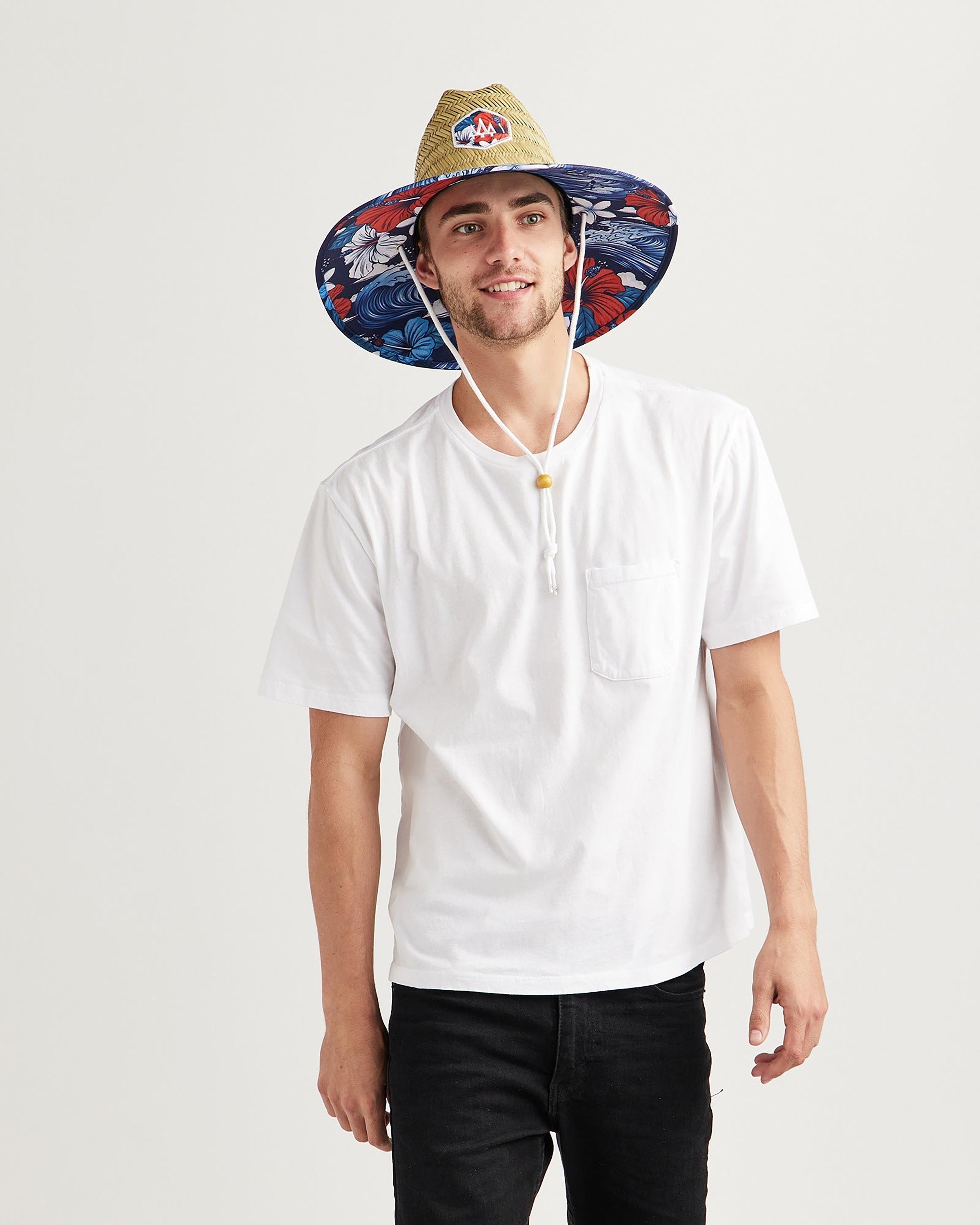 Midway Straw Lifeguard Hat | Red White & Blue Hibiscus Waves UPF