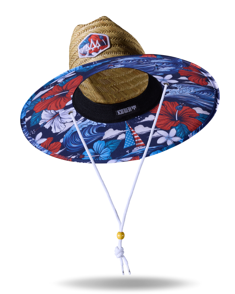 Midway Straw Lifeguard Hat | Red White & Blue Hibiscus Waves UPF