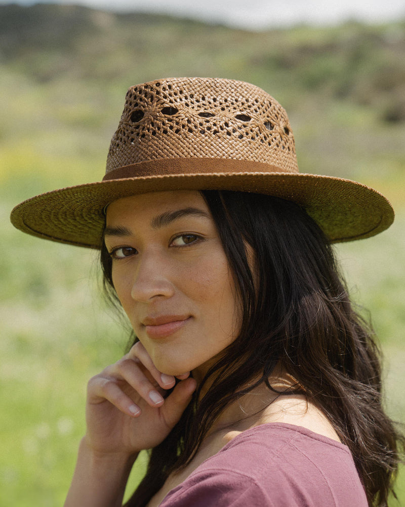 Hemlock female model looking over her shoulder wearing Miller Straw Hat in Mocha close up