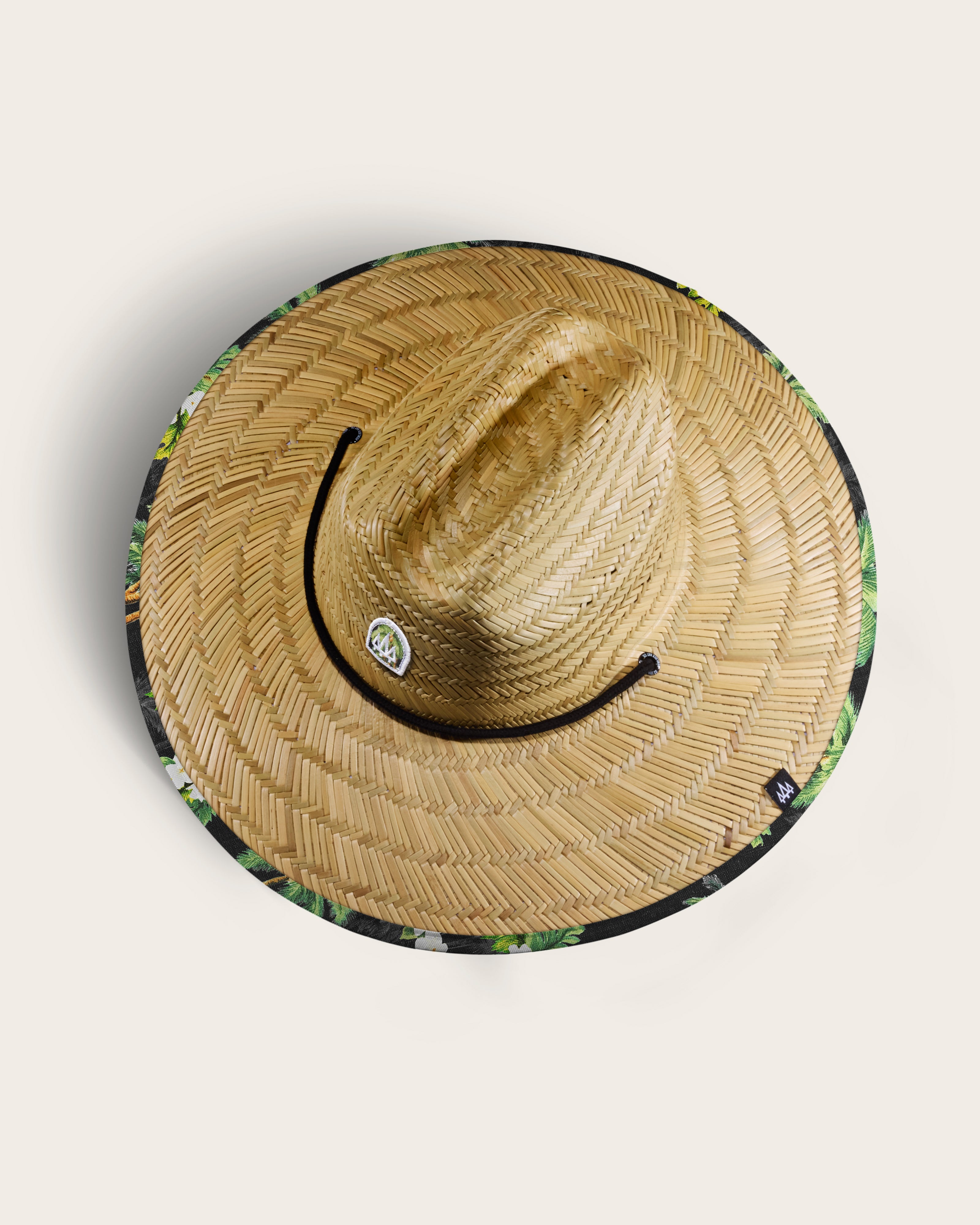 Hemlock Palms straw lifeguard hat with palm tree pattern top of hat