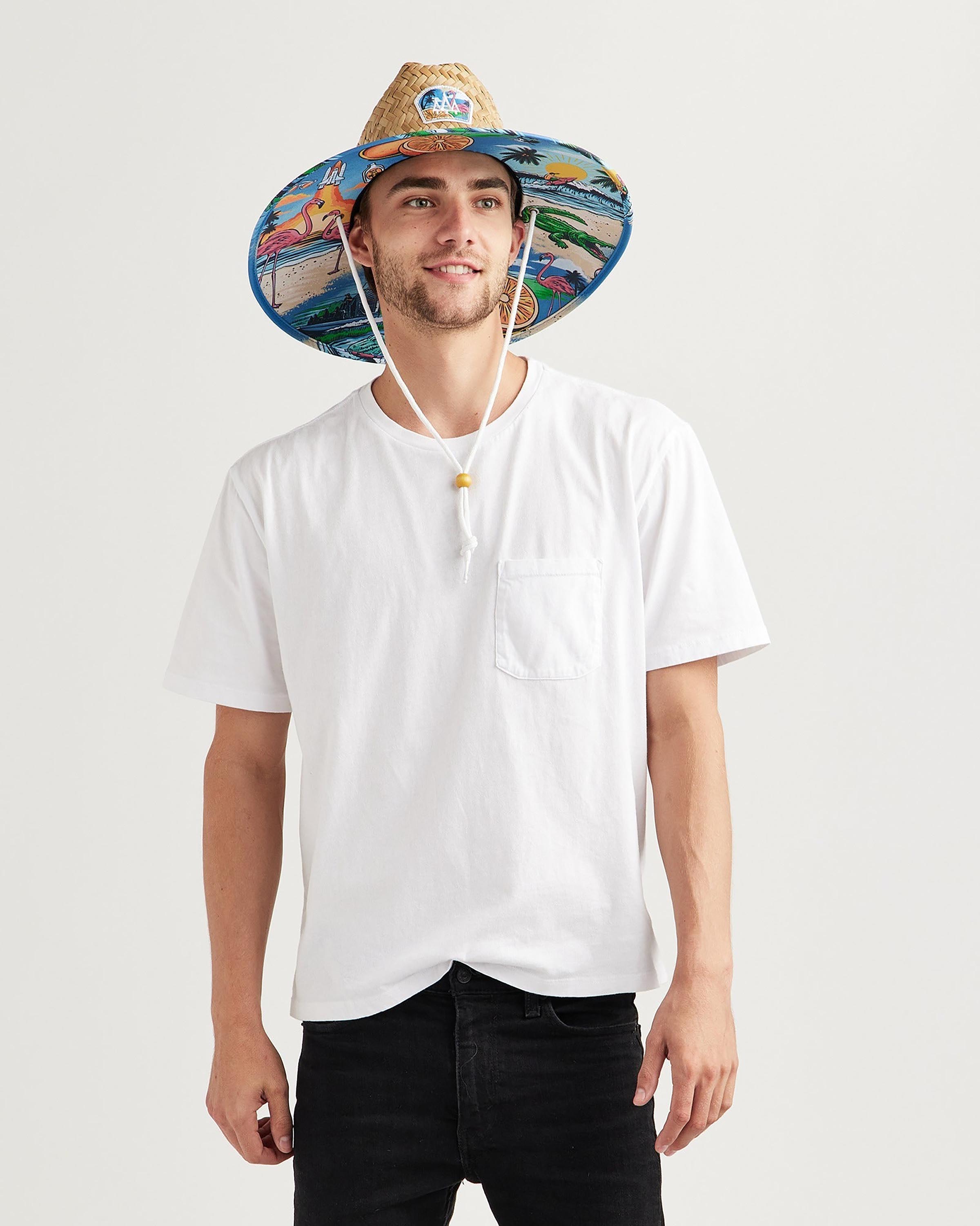 Hemlock male model looking to the side wearing Seaside straw lifeguard hat with beachside pattern