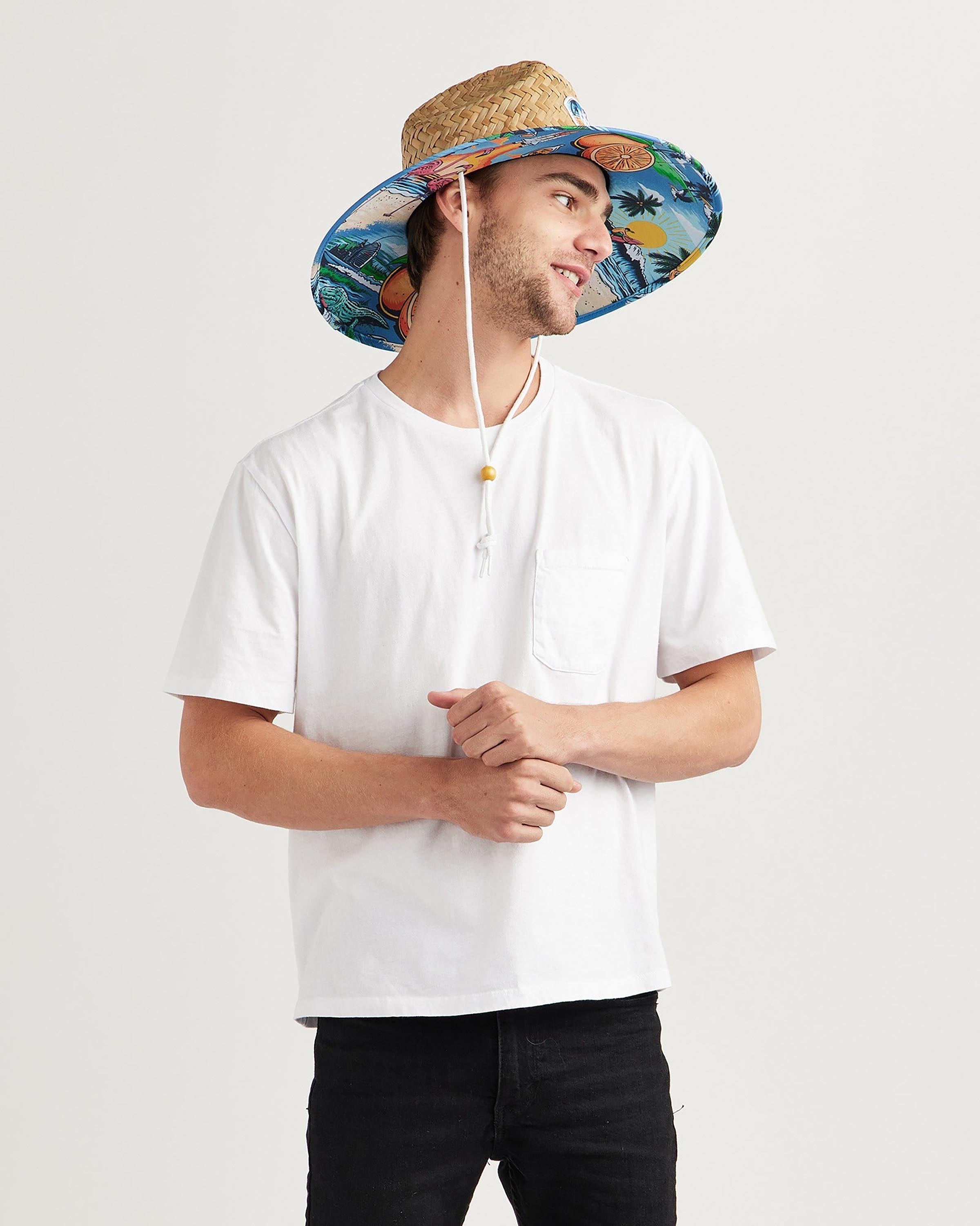 Hemlock male model looking right wearing Seaside straw lifeguard hat with beachside pattern