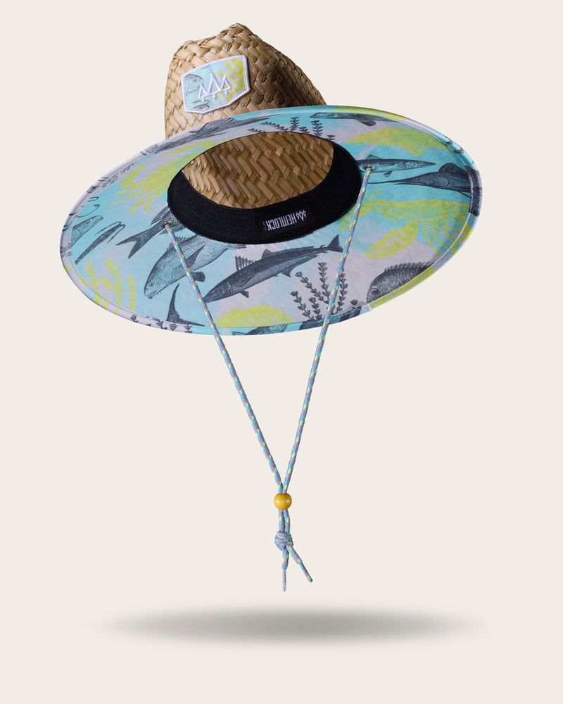 Hemlock Skipper straw lifeguard hat with saltwater neon pattern