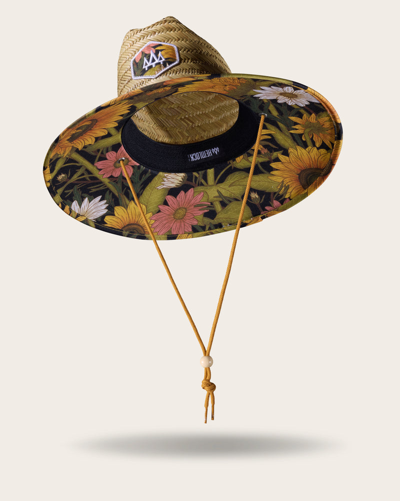 Hemlock Woodstock straw lifeguard hat with sunflower pattern