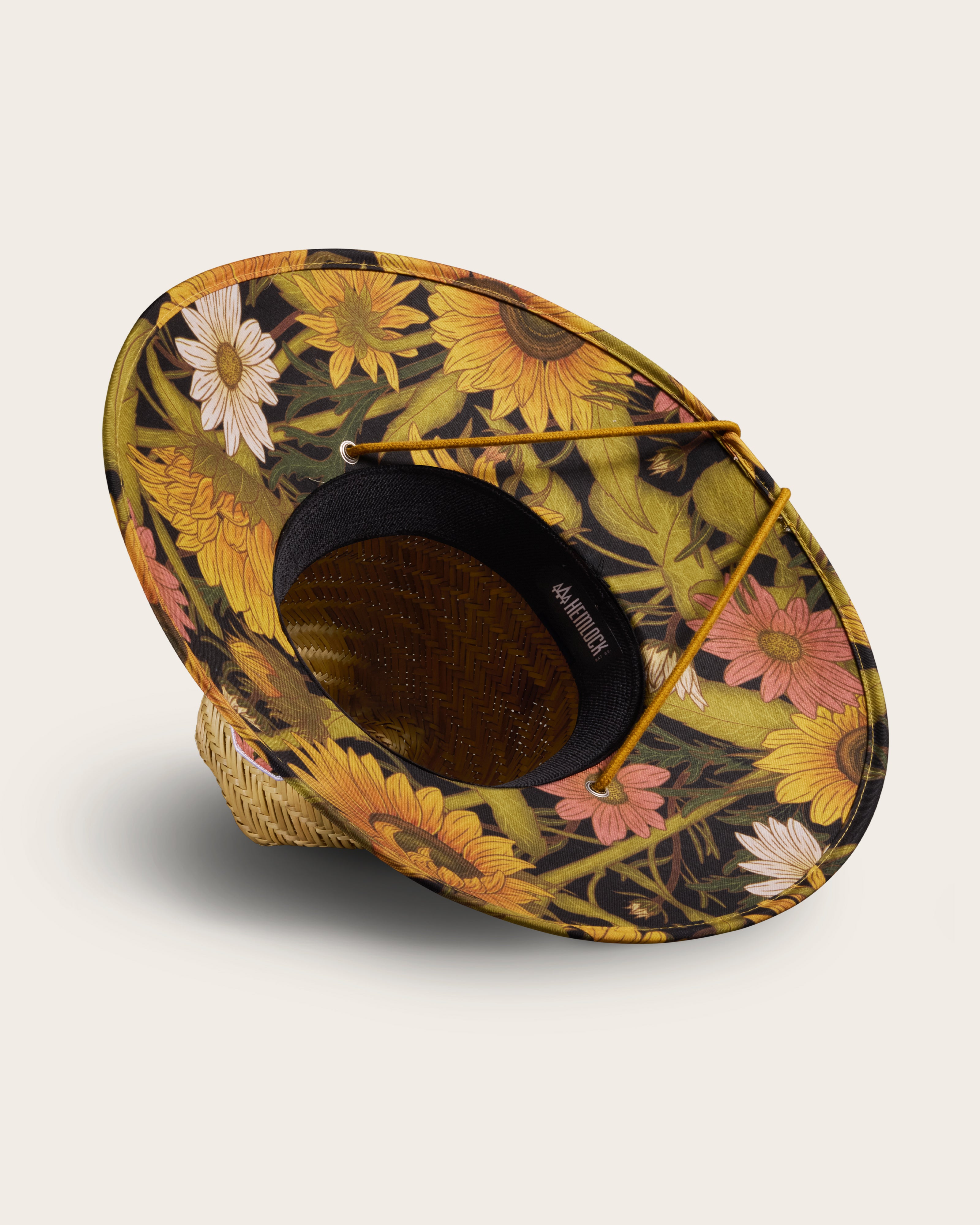 Hemlock Woodstock straw lifeguard hat with sunflower pattern detailed view