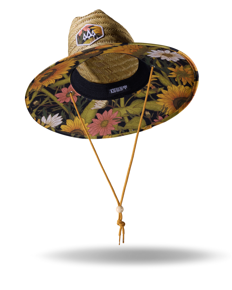 Hemlock Woodstock straw lifeguard hat with sunflower pattern