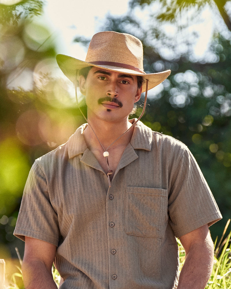 Hemlock male model wearing the Bruma Cowboy Fedora Straw Hat 