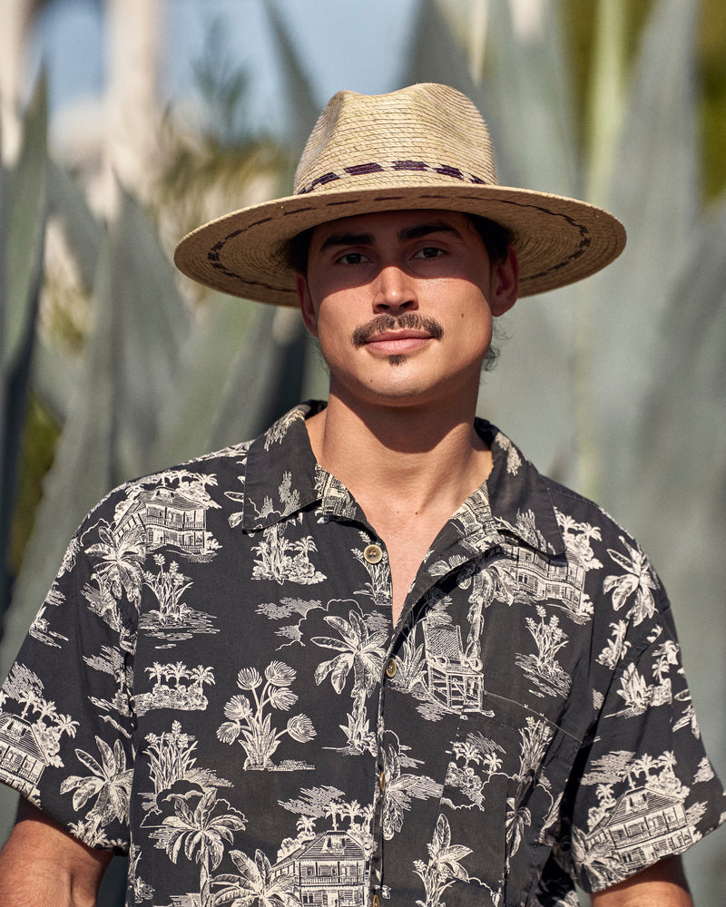 Hemlock male model wearing the Hermosa Fedora Straw Hat close up