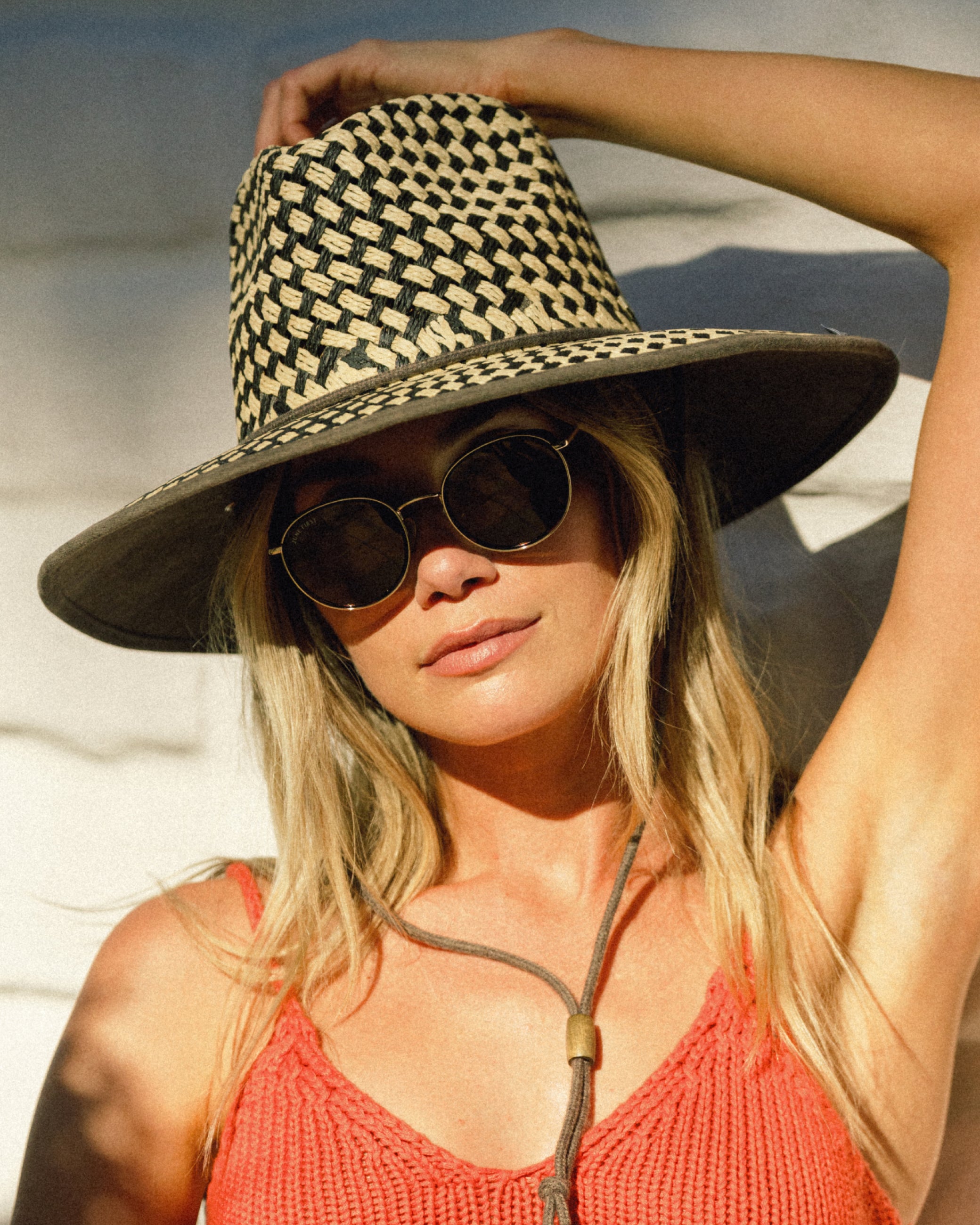 Hemlock female model wearing the Lana UPF 50+ Lifeguard Straw Hat Brown 