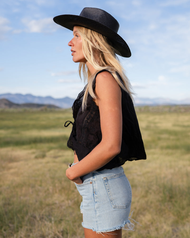 Hemlock female model wearing the Lazo Cowboy Panama Straw Hat in Black side profile