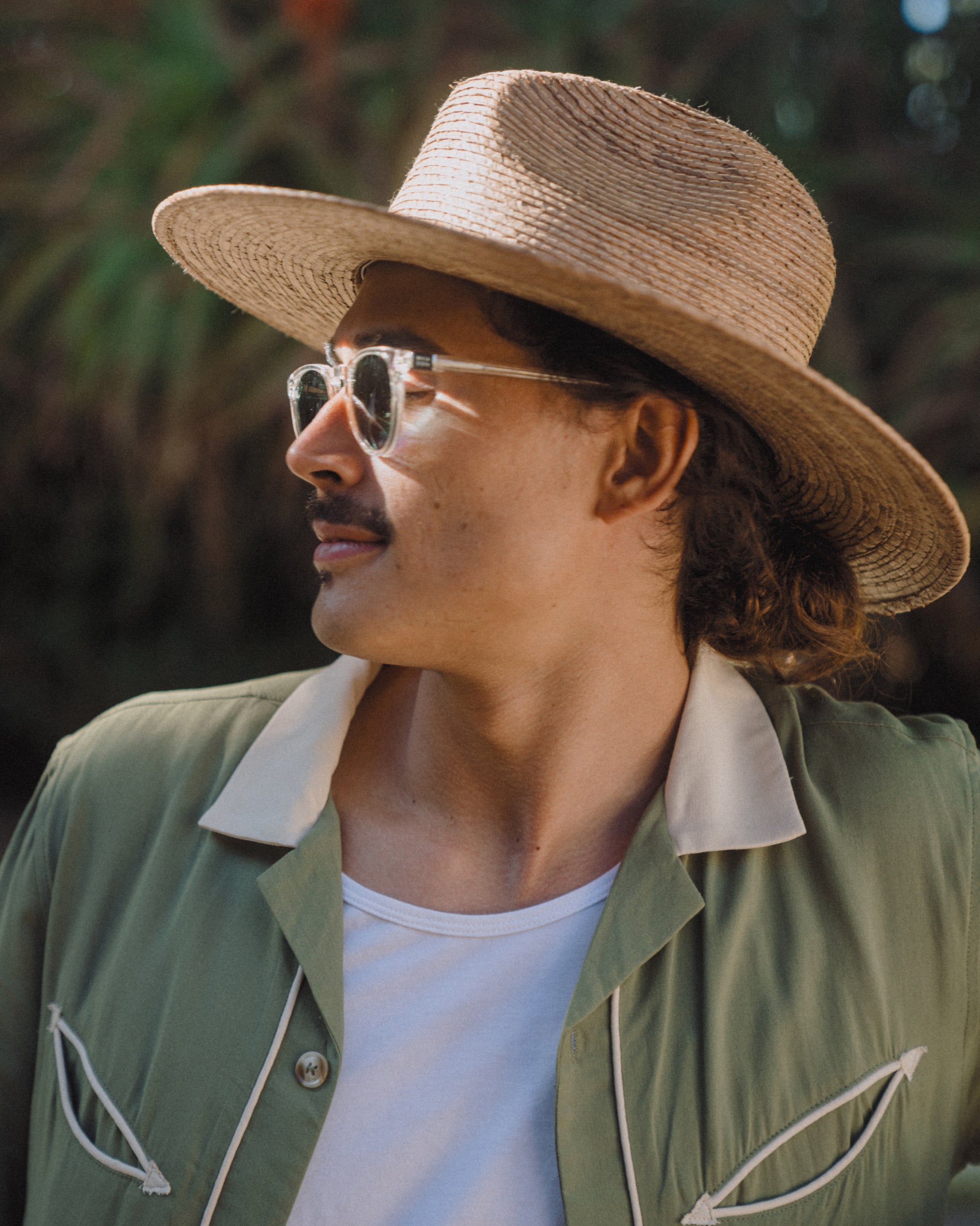 Hemlock male model wearing the Madero Fedora Straw Hat in Toast