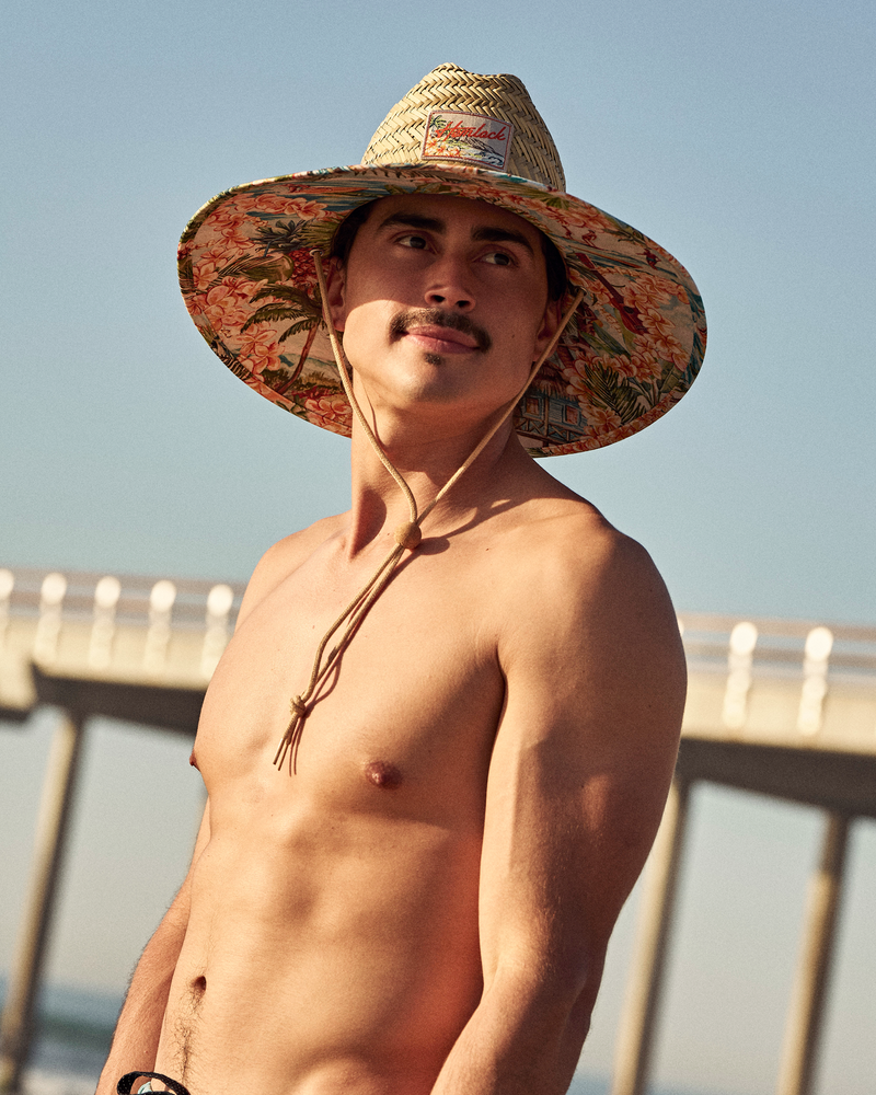 Hemlock male model wearing the UPF 50+ Lifeguard Straw hat in Aloha Tropics 