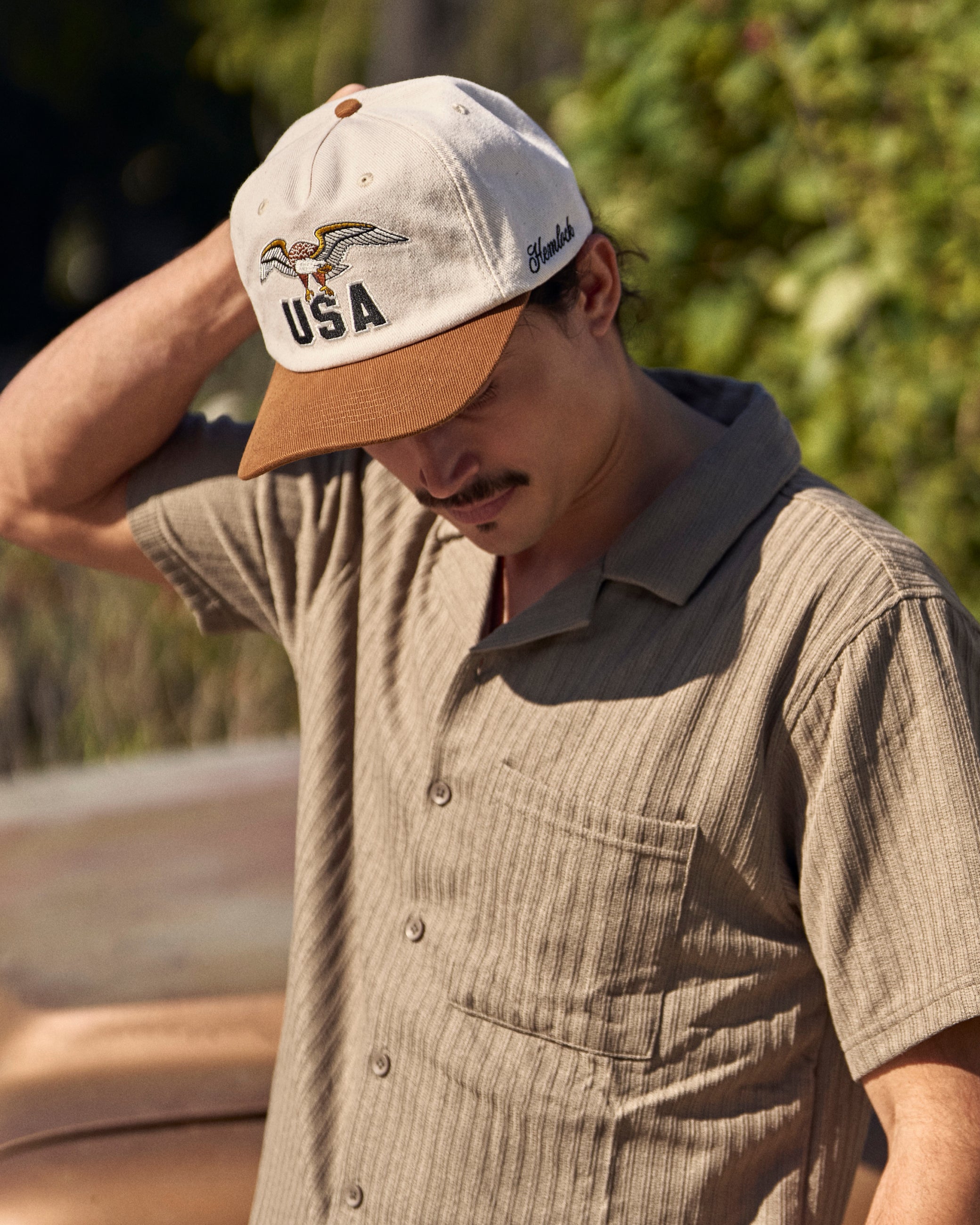 Hemlock USA Baseball Hat in Brown male model